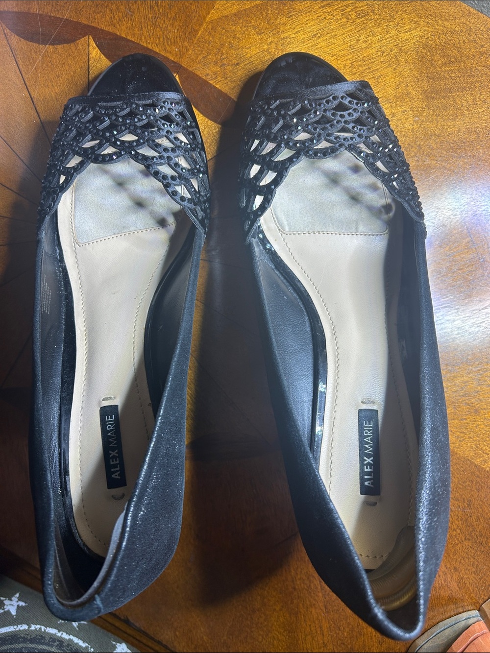 Alex Marie Black Laser-Cut Peep-Toe Flats with Rhinestones